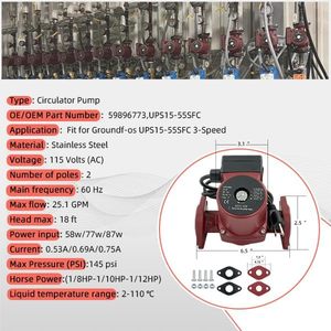 Pompe de circulation Rs15-55sf 115V 60Hz 1/12 CV en acier inoxydable pour eau chaude, remplacement pour Grundfos 59896773 - Product Image 2