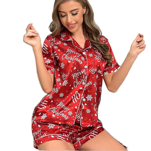 Pyjama d'été élégant 2025 en satin respirant imprimé avec taille élastique et design assorti sur le devant, idéal pour un cadeau de Noël - Product Image 1