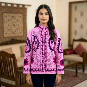 Chaqueta Sujani Rosa de Lujo para Mujer en Tela TNT, Chaqueta Étnica Bordada a Mano con Flores, Fabricante Mayorista de Boutique para Exportación - Product Image 1