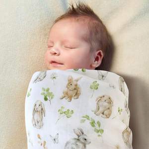 100% coton mousseline 2 couches bébé couverture Premium doux Durable blanc lapin vert feuille imprimer nouveau-né Swaddle couverture - Product Image 5