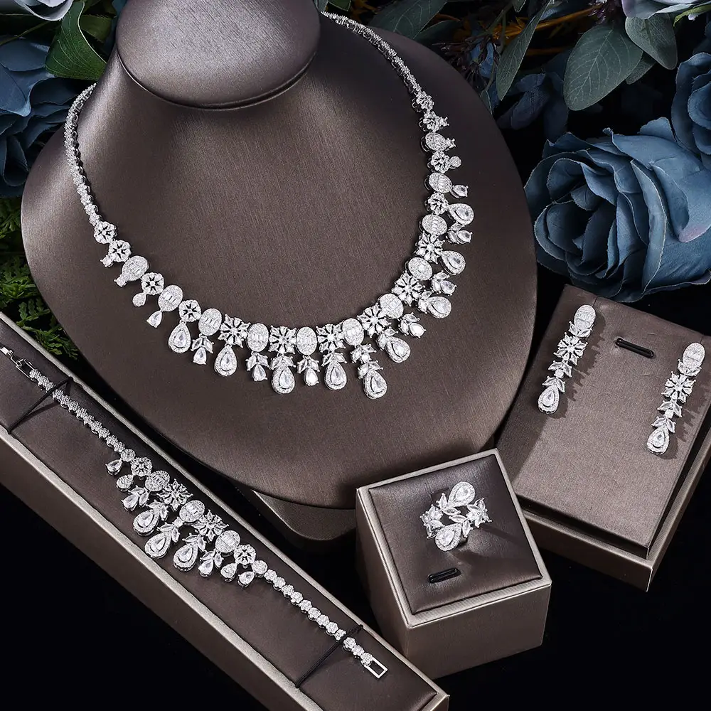 Cz conjunto de joias dubai, conjunto de jóias para mulheres festa de casamento de cristal indiano colar de brinco