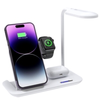 Station de recharge sans fil 4-en-1 15W avec lampe LED à col de cygne réglable pour téléphone, montre, écouteurs et sortie USB – Idéale pour bureau et chevet