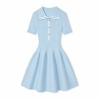 Robe en tricot côtelé bleu clair pour femme, col polo, manches courtes, mini, commande personnalisée OEM