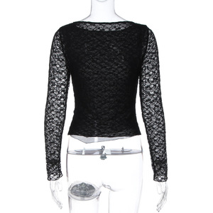 <span class=keywords><strong>Elegante</strong></span> <span class=keywords><strong>Camicetta</strong></span> <span class=keywords><strong>Nera</strong></span> in Pizzo a Maniche Lunghe con Collo Tondo per Donna, Top Casual Sexy e alla Moda - Product Image 6