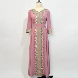 벚꽃 핑크 자수 레이스 드레스 우아한 복고풍 휴일 화려한 중동 드레스