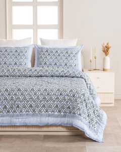 Steel <b>Blue</b> Cotton Quilt Floral Hand Block Print Reversible Jaipuri Bedspread Indian Bedding - Product Image 4