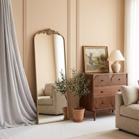 Miroir vintage pleine longueur : 23,5 x 56 pouces, en laiton doré, long et arqué