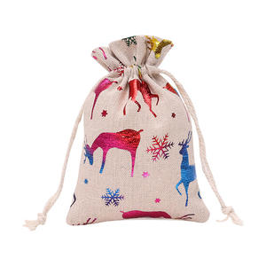 Sac à cordon en lin de Noël imprimé en relief Sac cadeau de bonbons en coton cousu 10x14cm Marque écologique ONE FLOWER pour les vacances - Product Image 1