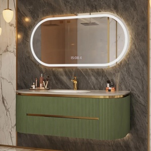 Meuble-lavabo mural à nervures courbes <span class=keywords><strong>avec</strong></span> <span class=keywords><strong>miroir</strong></span> lumineux inclus, double vasque <span class=keywords><strong>pour</strong></span> les familles, fabriqué en Chine continentale - Product Image 5