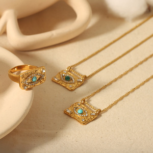 Evil Eye <b>Square</b> Pendant 18k Gold Stainless Steel Zirconia Necklace And Ring <b>Set</b> Geometric Design Gift Jewelry - Product Image 1