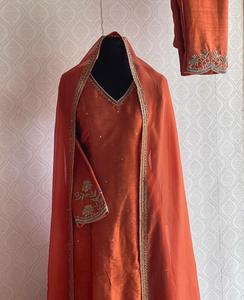 Designer Chanderi Silk <b>Kurta</b> and Pant Set with Georgette Dupatta Aari Work Zardozi Embroidery Kadana Beads and Zari Work Premium - Product Image 3