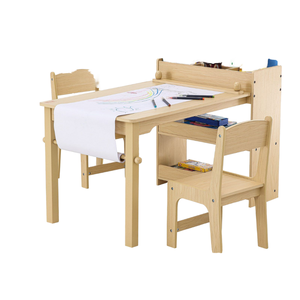 Ensemble table et chaise d'art pour enfants en bois massif avec porte-rouleau de papier, bureau de dessin pour tout-petits avec rangement - Product Image 1