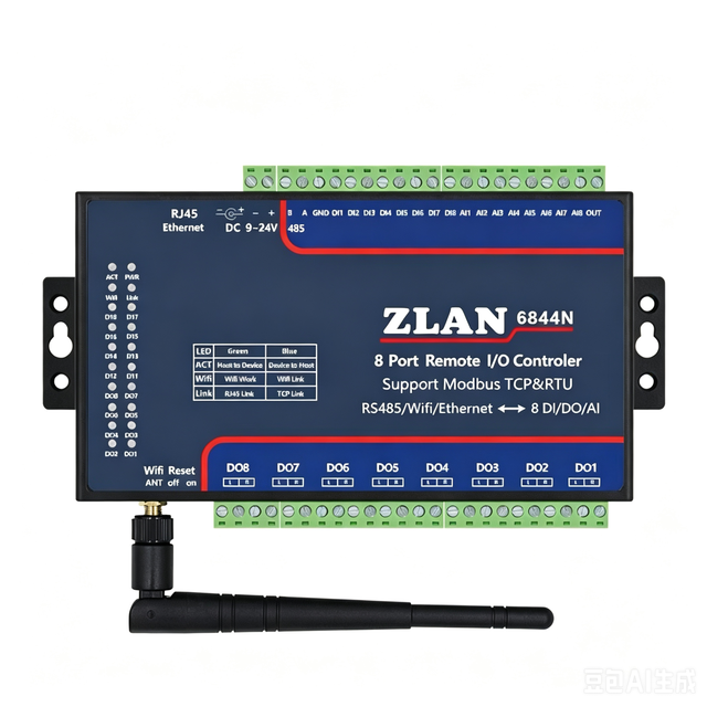 ZLAN6844N WiFi Ethernet RS485 Remote IO Controller With P2P Function 8DI 8DO 8AI Modbus TCP DC9-24V in Stock