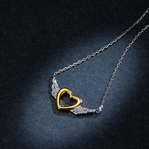 Fashion Hollow Heart <b>Angel</b> Wing Pendant Necklace for Women Two Tone <b>Gift</b> Neck Chain - Product Image 3