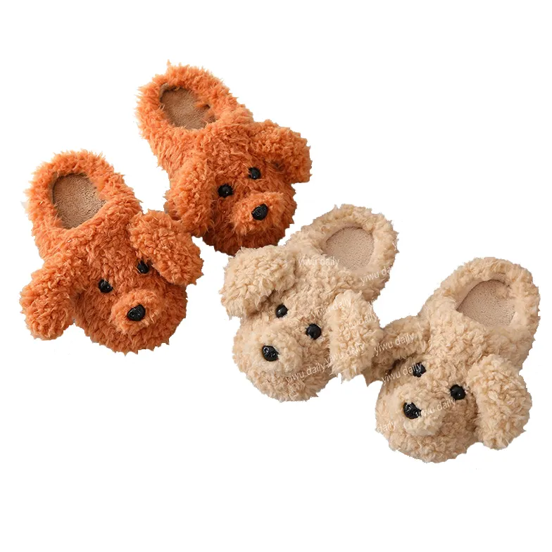 Wholesale Parent-child Lovely Plush Cotton Slippers Teddy Dog Shaped Shoes Indoor Home Winter Mon Kids Teddy Dog Slippers