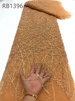 Dentelle française africaine brodée Tissu de dentelle or pêche perlée avec bordure Dentelle pour mariage