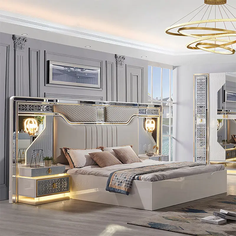 İtalyanca almanca lüks masif ağaç king-size yatak ucuz pembe ana yatak odası yumuşak ev yatak odası mobilyası depolama ile Set