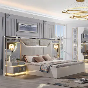 Lit King Size en bois massif de luxe, italien, allemand, pas cher, rose, chambre principale, chambre à coucher, meuble de maison, avec rangement