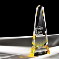 Trophée Plaque en Verre Tour de Cristal Bleu Jaune Transparent Base Montagne Arc-en-ciel MH-J0252