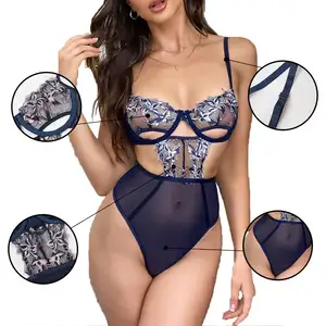 2024 Fashionable Underwear Women Sexy Bodysuit Floral Lace Embroidery See Through Mesh One Piece Lingerie