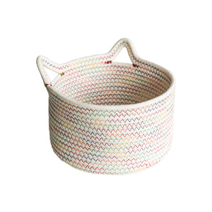 Cesta de almacenamiento de hilo de algodón tejida a mano, forma de orejas de gato, patrón de rayas, sin tapa, para juguetes, cosméticos, aperitivos, uso doméstico - Product Image 5