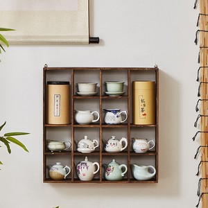 Étagère murale en bois massif à 9 compartiments pour le rangement de services à thé, style chinois moderne et minimaliste, pour salon, chambre, bureau - Product Image 2