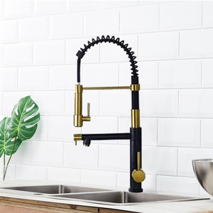 Grifo de cocina de lujo preenjuague, grifo de arco alto, montado en cubierta de fregadero, resorte extraíble, boquilla, llenado de olla, oro cepillado, negro - Product Image 2