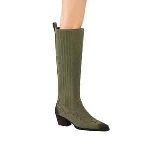 <span class=keywords><strong>Bottes</strong></span> hautes vert olive style western avec broderies <span class=keywords><strong>en</strong></span> <span class=keywords><strong>daim</strong></span>, bout pointu/bout carré, confort automne/printemps, style cowboy moderne - Product Image 2