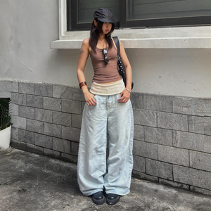 Vaqueros de pierna ancha de color azul claro con cintura tejida y dobladillo enrollado, pantalones vaqueros holgados de gran tamaño. - Product Image 5