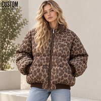 Blouson matelassé pour femme à imprimé léopard, avec broderies, appliqués, patchwork, surpiqûres, bordures côtelées, fermeture éclair intégrale, manteau d'hiver