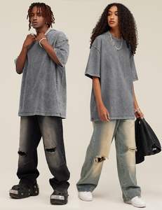 T-shirt da uomo oversize con lavaggio acido Vintage in maglia traspirante in cotone allentato Top Casual con motivo solido Los Angeles - Product Image 1