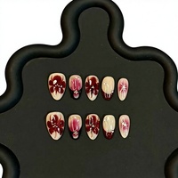 Lot de 10 faux ongles courts en amande, faits main, personnalisables, réutilisables, motif floral gothique encre rouge foncé, ongles en gel blush