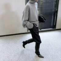 Pull en cachemire 100% pour femme, col roulé, épaules tombantes, épais, tricoté, automne-hiver