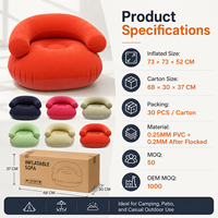 Fauteuil gonflable d'extérieur en gros avec accoudoirs, design floqué en U, canapé de loisirs et de détente pour le camping