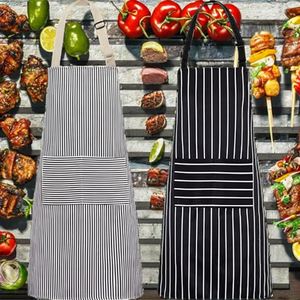Lot de 2 tabliers de cuisine rayés avec poches, en tissu imperméable, réglables, pour chef professionnel - Product Image 2