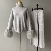 Ensemble Hiver Personnalisé Femme Deux Pièces : Pull à Col Roulé en Laine Tricotée et Pantalon Long, Manches à Revers en Fourrure Mongole Véritable