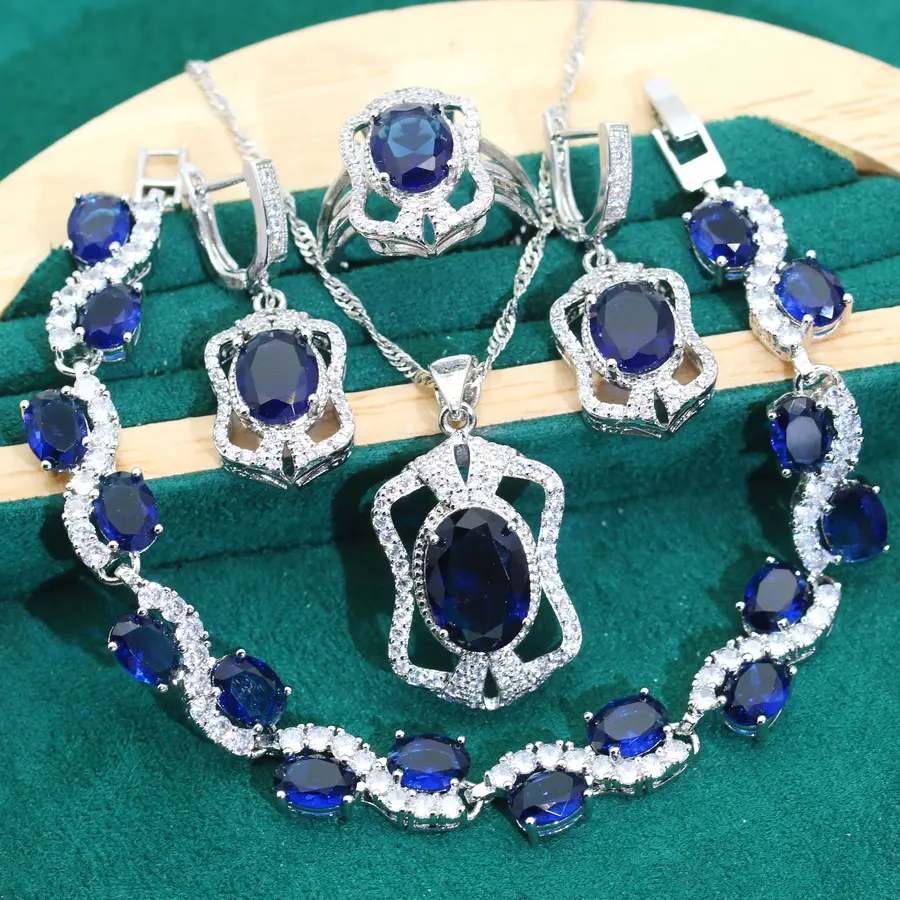 Mewah 925 Sterling Silver Zirconia set perhiasan untuk wanita pernikahan gelang anting kalung liontin cincin hadiah ulang tahun