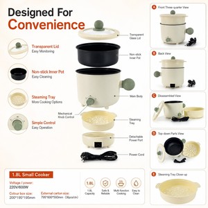 Casserole électrique 1,8 L, cuiseur électrique 600 W 50 Hz, cuve intérieure antiadhésive, pour fondue, nouilles ramen, soupes, cuisine d'étudiant, dortoir, KL02008 - Product Image 3