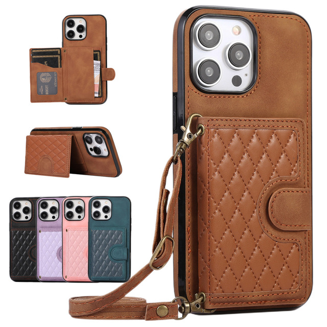 Fashion Card Slots Wallet Flip Holder Stand Phone Case for IPhone 17 Air 13 14 15 16 Pro Max With Adjustable Lanyard Rear Cover
