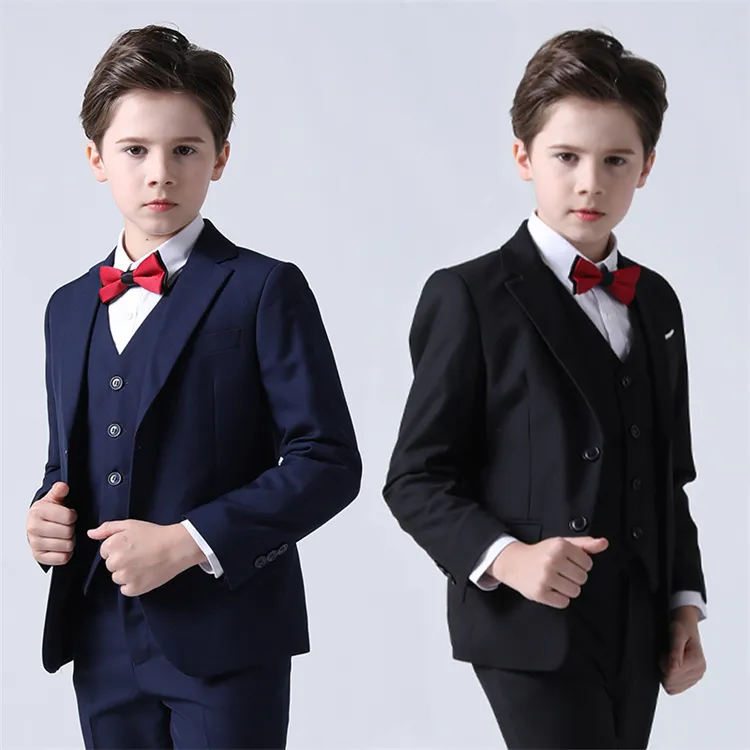 Hochwertiger formeller Anzug für Jungen 4-teilige Sets Koreanische Mode Kinder kleidung Black Navy Performance Stage Anzug für Jungen