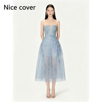 Robe de soirée formelle Nicecover, sans bretelles, en maille à sequins, ajustée, mi-longue, bleu glace, pour banquet, cocktail, événement