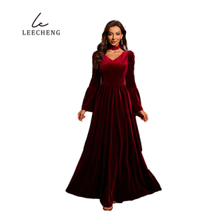 Gaun Senior elegan leher V, gaun malam ayun beludru panjang dengan lengan bengkak dan Detail Bib - Product Image 3