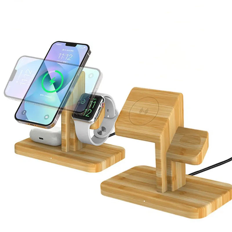 15W bamboo 3-in-1 magnetic wireless charger phone stand Qi charging dock iPhone Samsung Xiaomi Huawei phone fast charging