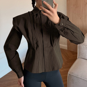 Chemisier à volants pour femme, col pointu, boutonnage frontal, manches longues, <span class=keywords><strong>en</strong></span> popeline de coton marron, vente <span class=keywords><strong>en</strong></span> gros, chemise de bureau - Product Image 1
