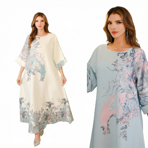 Elegante Abaya Musulmana de Verano para Mujer, Estilo Oriental, en Poliéster, con Pedrería Fija, Largo hasta el Tobillo, con Estampado Floral, para Oración - Product Image 1