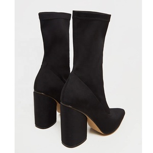 Solide Noir Lycra Supérieur Mi-<span class=keywords><strong>mollet</strong></span> Slip-on <span class=keywords><strong>Femme</strong></span> Bottes D'hiver Mode Bout Pointu Bottes <span class=keywords><strong>Grande</strong></span> <span class=keywords><strong>Taille</strong></span> 43 chunky Talon Bottines - Product Image 4