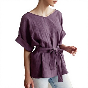Top Holgado de Lino Morado con Cuello Redondo y Manga Casquillo, con Cinturón, Estilo Casual para Verano - Product Image 1