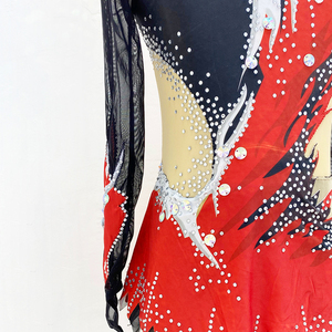 Maillot de Gimnasia Rítmica Rojo y Negro para Niñas, Vestido de Competición de Patinaje Artístico, Unitardo de Manga Larga con Malla para Actuaciones en Escenario - Product Image 4