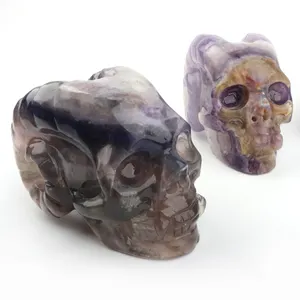 Regenboog Fluoriet Gehoornde Schedels Gesneden Crystal Stone Skulls Heads Met Ram Hoorns Voor Genezing