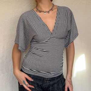 Camiseta de Manga Corta Casual para Mujer, Cuello en V, Cintura Alta, Corte Ajustado, Impresión Digital Ecológica de Verano - Product Image 1